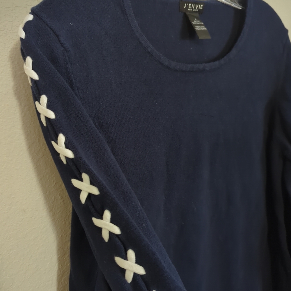 J'envie Prima Cotton Sweater L Navy Blue White Cross Stitch Luxury Knit Preppy